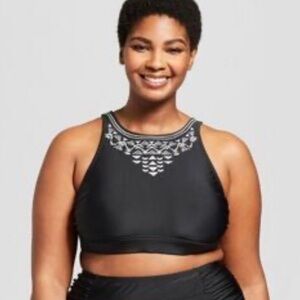 Ava & Viv Black High Neck Halter Bikini Top With Embroidery Detail, 26W